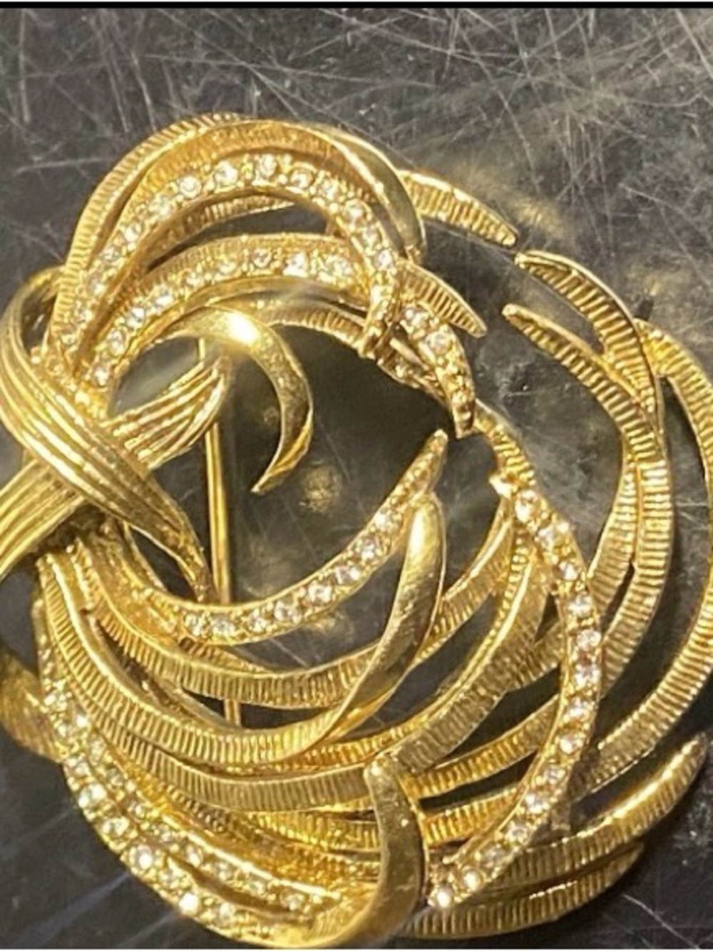 Vintage Monet Spray Brooch Clear Rhinestones Heavy Gold Signed